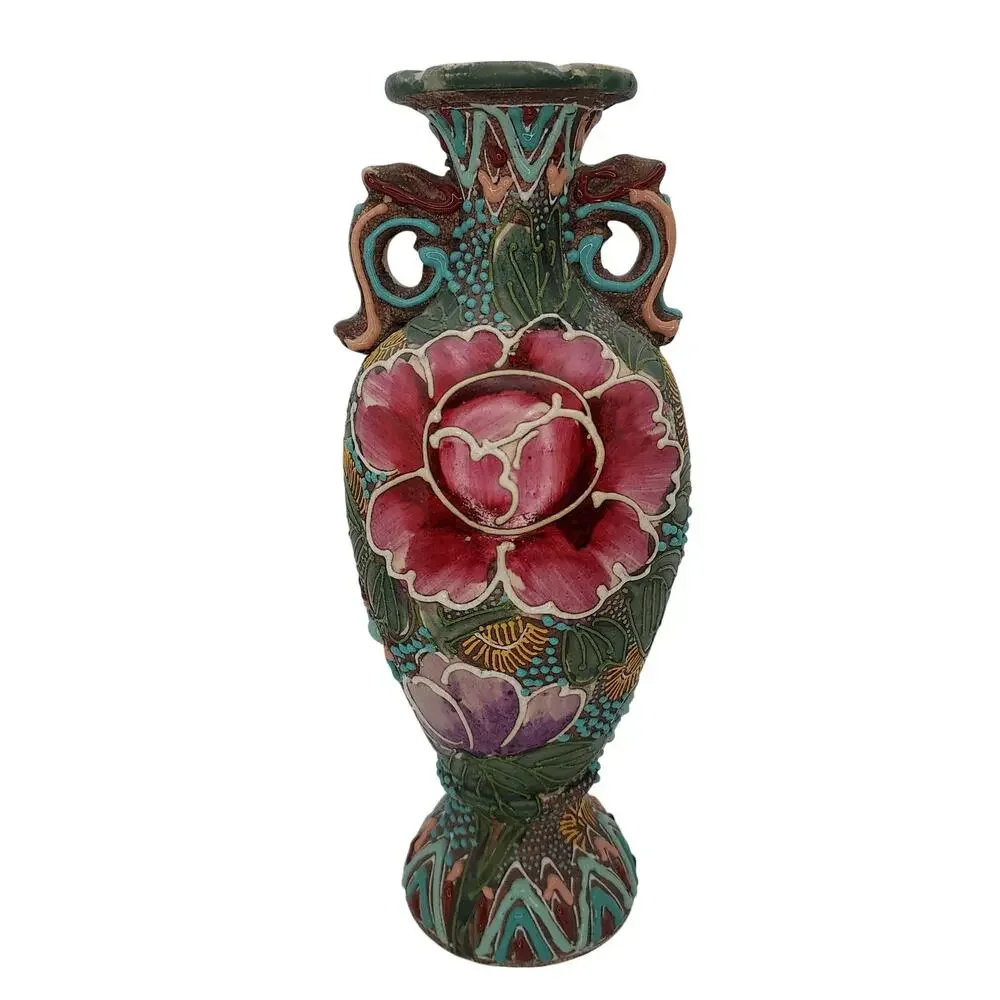Antique Japanese Satsuma Earthenware Vase Urn Heavy Moriage  Hand Painted Floral